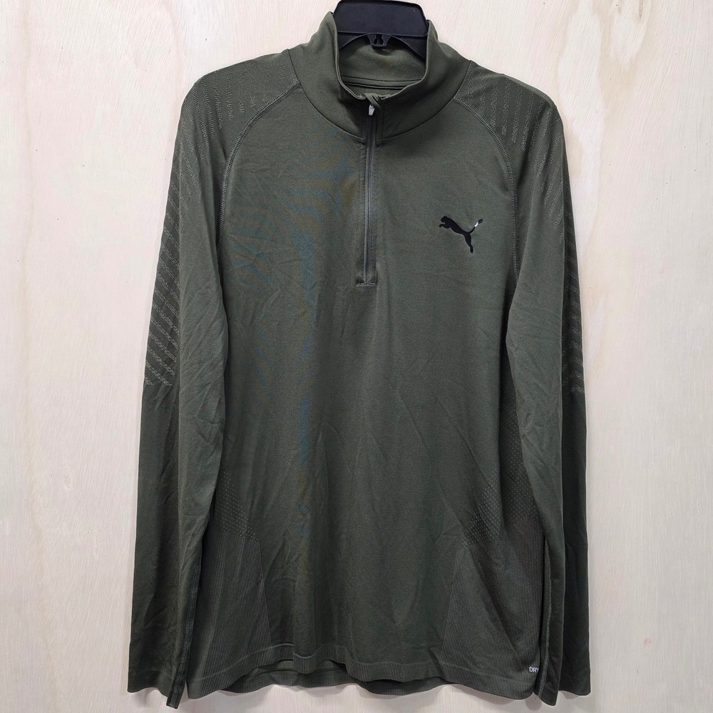 Puma DryCell Mens Large Olive Green Quarter Zip Pullover Performance Shirt